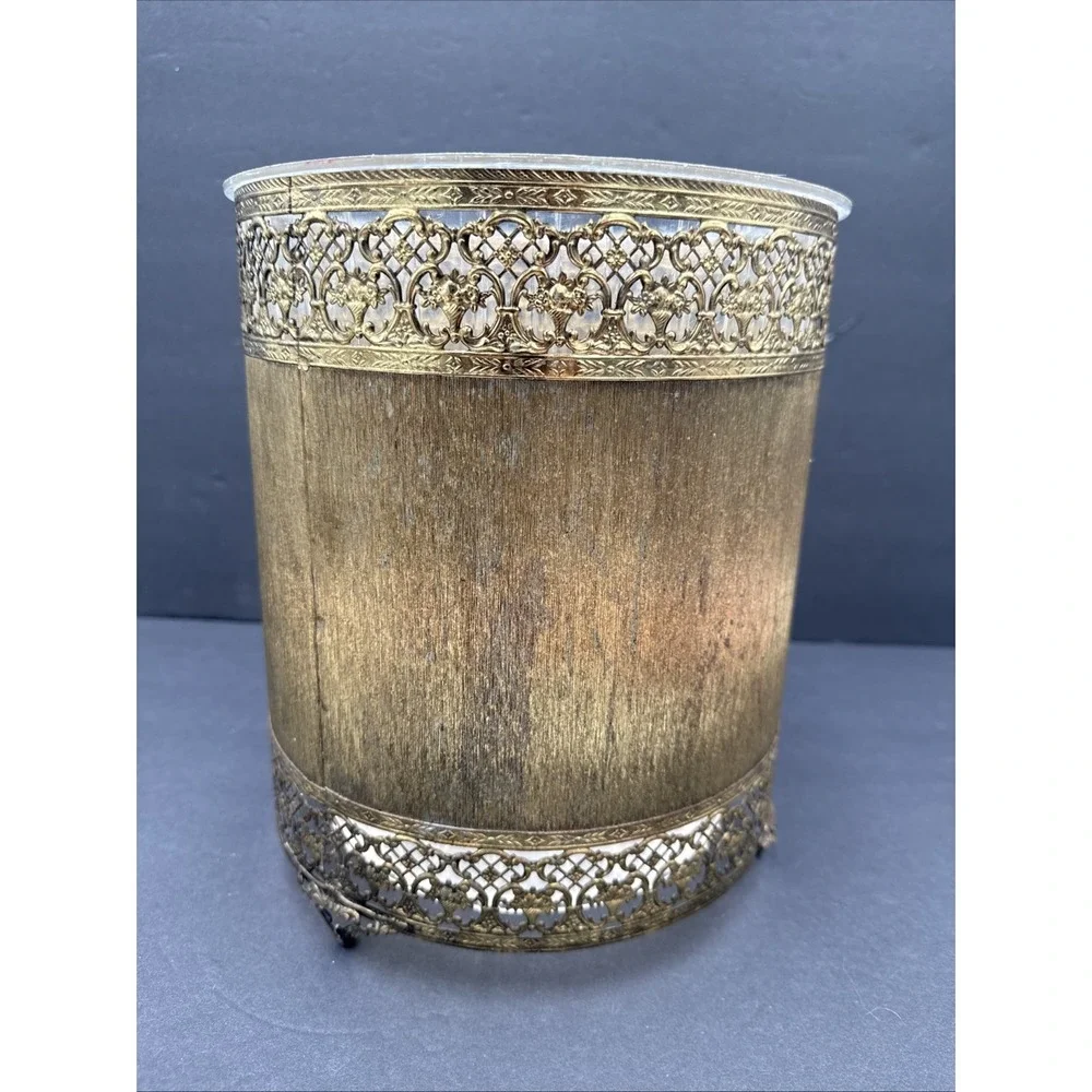 Vtg Hollywood Regency‎ Gold Tone Filigree Trash Basket Can Plastic Liner MCM